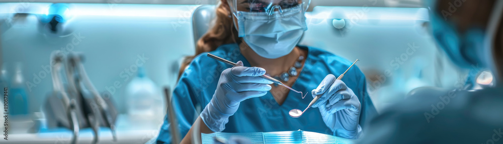 Dentist Performing Dental Procedure in Modern Clinic with Advanced Equipment and Protective Gear Dentist Performing Dental Procedure in Modern Clinic with Advanced Equipment and Protective Gear