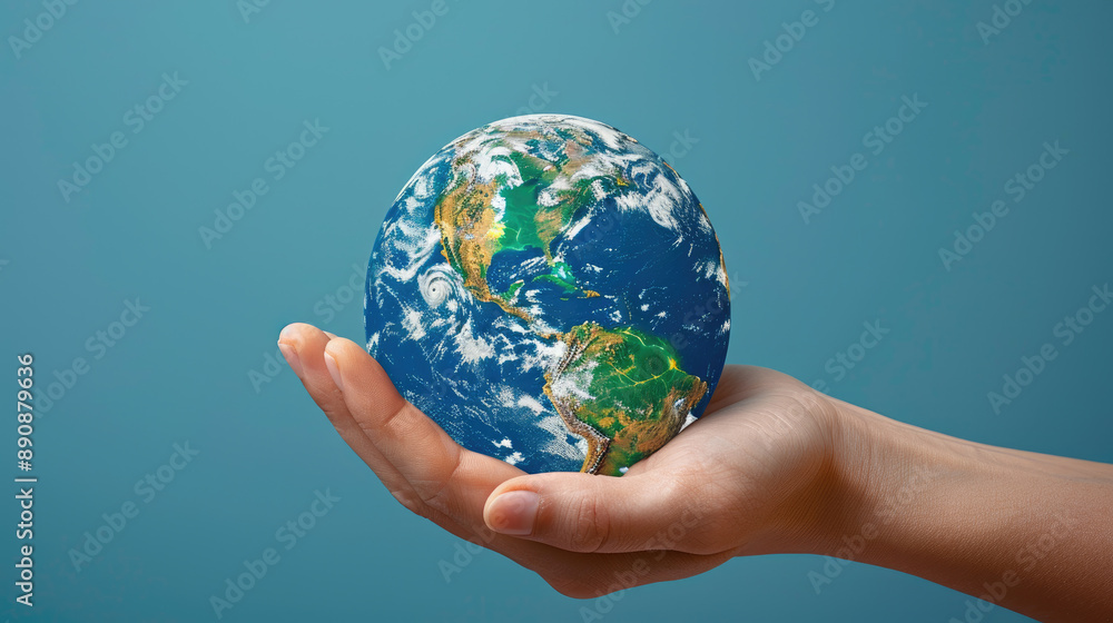 Hand Holding a Miniature Earth Globe Against a Blue Background Representing Global Awareness and Environmental Care Hand Holding a Miniature Earth Globe Against a Blue Background Representing Global Awareness and Environmental Care