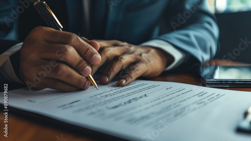 Businessman Signing Important Document at Office Desk with Pen in Hand, Close-Up of Formal Agreement