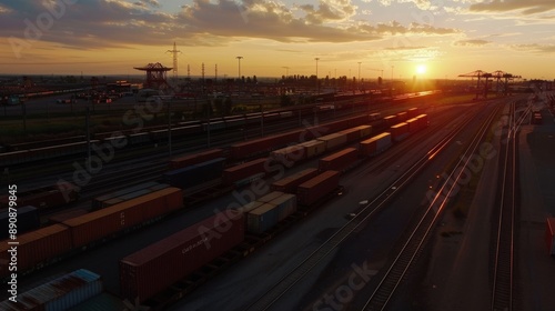 Wallpaper Mural Freight trains and containers at railway yard during sunset. Industrial transportation and logistics concept. Torontodigital.ca