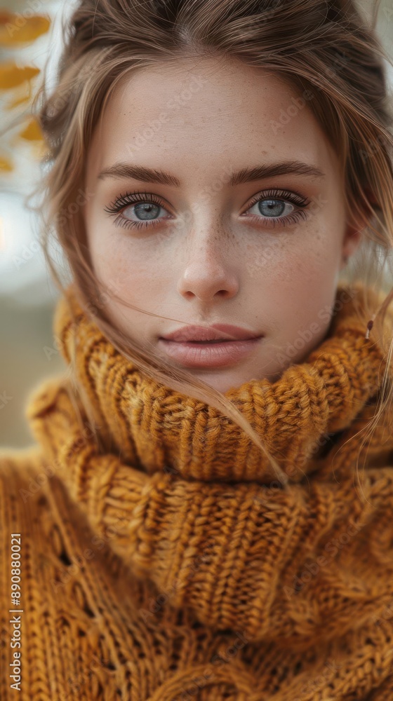 A young woman with blue eyes and a warm smile looks directly at the camera, wearing a brown turtleneck sweater. A young woman with blue eyes and a warm smile looks directly at the camera, wearing a brown turtleneck sweater.