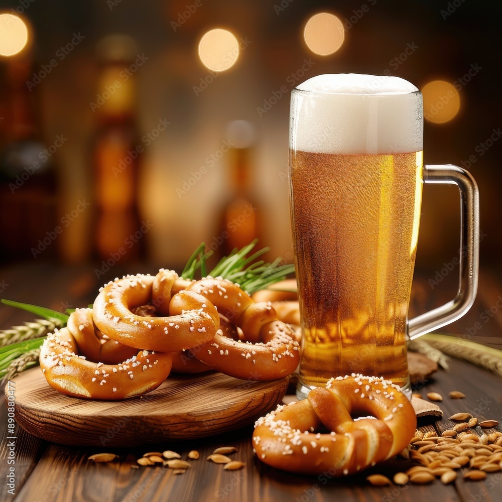 Cozy pub scene with a frothy mug of beer and salty pretzels, symbolizing the perfect bar snack on a warm evening.