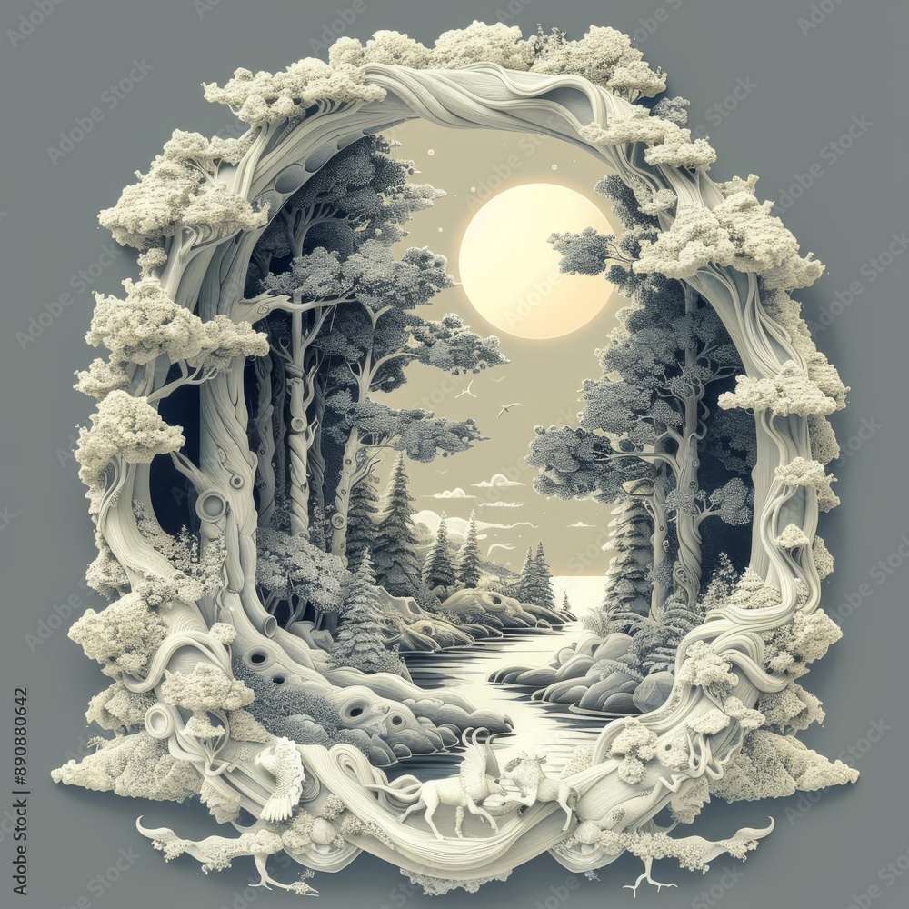 Fototapeta premium A surreal, fantastical landscape featuring a full moon, intricate trees, and a serene river. Dreamlike and highly detailed art.