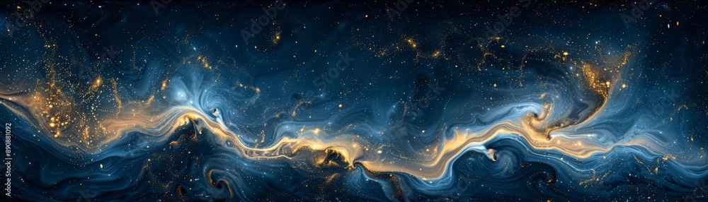 Abstract cosmic scene featuring swirls of blue and gold, resembling a distant galaxy or nebula in a star-filled universe. Abstract cosmic scene featuring swirls of blue and gold, resembling a distant galaxy or nebula in a star-filled universe.