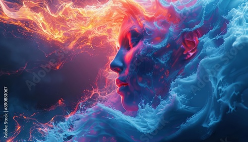 Abstract digital art of a human face enveloped in swirling fiery and cool smoke, creating a vivid and dynamic visual effect.