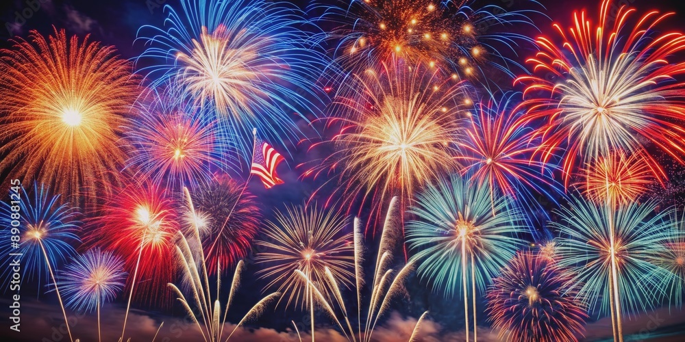 Vibrant fireworks explode in the dark night sky, illuminating the atmosphere with bursts of red, white, and blue, commemorating Independence Day across America. Vibrant fireworks explode in the dark night sky, illuminating the atmosphere with bursts of red, white, and blue, commemorating Independence Day across America.