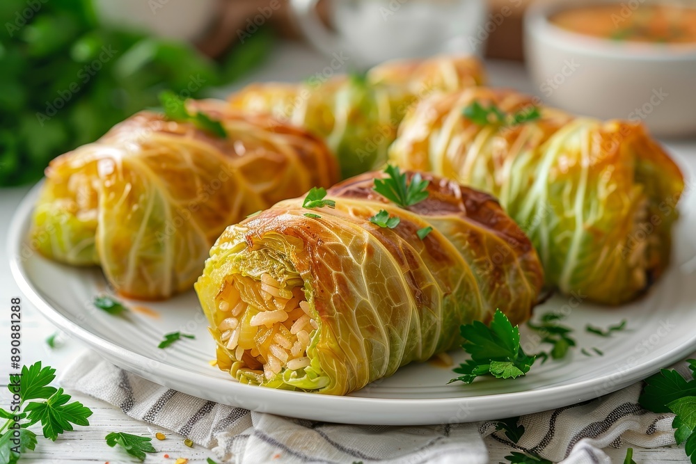 Stuffed cabbage with rice on a white table. AI generativ, Generative AI Stuffed cabbage with rice on a white table. AI generativ, Generative AI