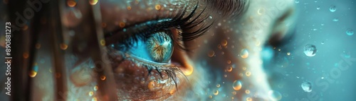 Close up of a blue eye with water droplets.