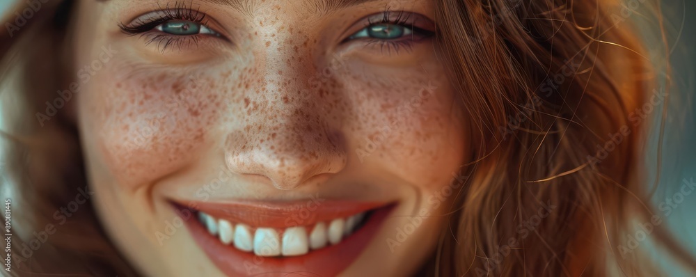 Close up portrait of a woman with freckles smiling. Close up portrait of a woman with freckles smiling.