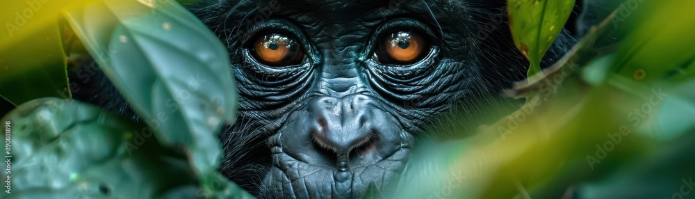 Close-up of a monkey's eye peering through lush foliage. Close-up of a monkey's eye peering through lush foliage.