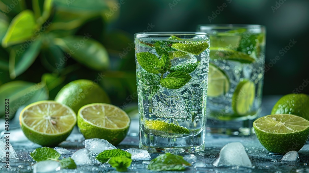 Homemade lemonade or mojito cocktail with lime, mint, and ice cubes in a glass on a light stone table. Fresh summer drink with copy space Homemade lemonade or mojito cocktail with lime, mint, and ice cubes in a glass on a light stone table. Fresh summer drink with copy space