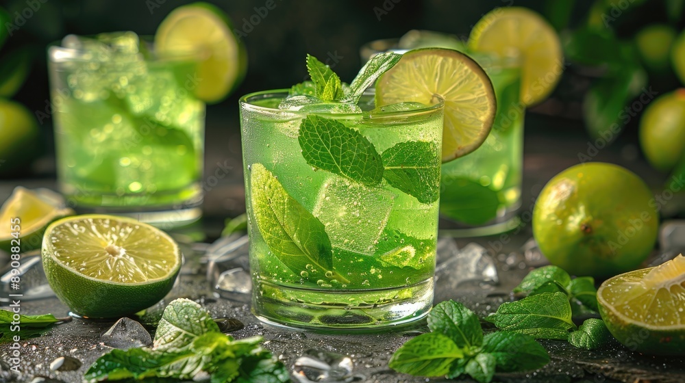 Homemade lemonade or mojito cocktail with lime, mint, and ice cubes in a glass on a light stone table. Fresh summer drink with copy space Homemade lemonade or mojito cocktail with lime, mint, and ice cubes in a glass on a light stone table. Fresh summer drink with copy space