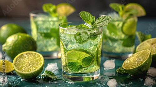 Wallpaper Mural Homemade lemonade or mojito cocktail with lime, mint, and ice cubes in a glass on a light stone table. Fresh summer drink with copy space Torontodigital.ca