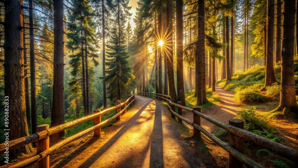 Warm Golden Light Peeks Through Towering Pine Trees Casting Dappled Warm Golden Light Peeks Through Towering Pine Trees Casting Dappled