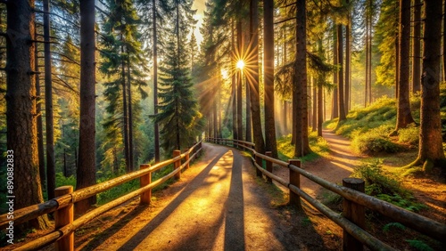 Warm golden light peeks through towering pine trees, casting dappled shadows on a peaceful forest path, surrounded by lush greenery and rustic wooden railings.