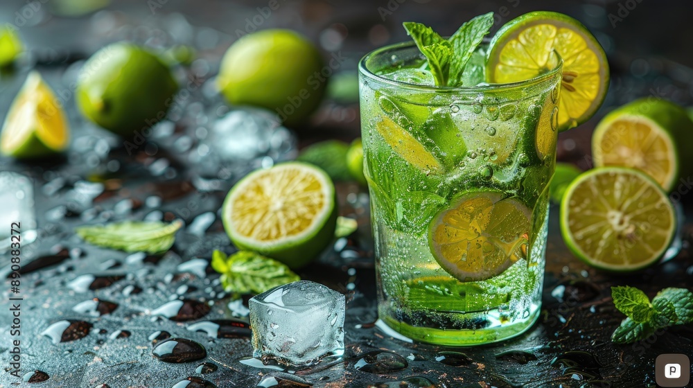 Homemade lemonade or mojito cocktail with lime, mint, and ice cubes in a glass on a light stone table. Fresh summer drink with copy space Homemade lemonade or mojito cocktail with lime, mint, and ice cubes in a glass on a light stone table. Fresh summer drink with copy space
