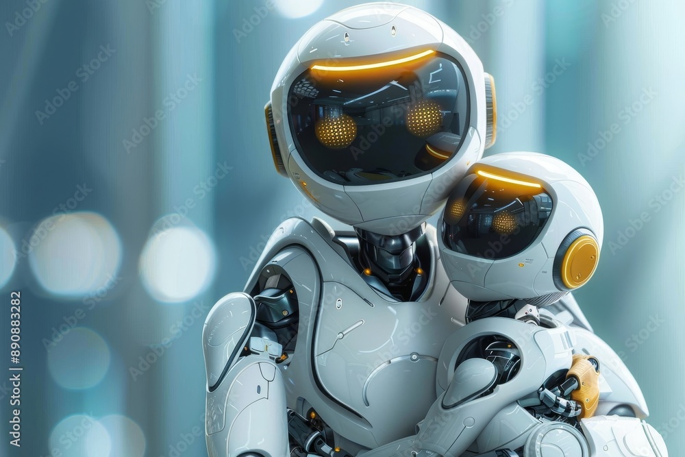 Happy robot family hugging. Robots parents and children together. Generative AI Happy robot family hugging. Robots parents and children together. Generative AI