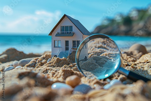 House model and magnifying glass on sand by sea or ocean. Searching home for vacation, rental or buying overseas property on sea coast. Choice of location for construction, mortgage. Generative AI