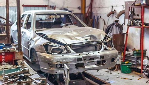 Auto repair front frame disassembled, mechanic working on damaged modern car in garage