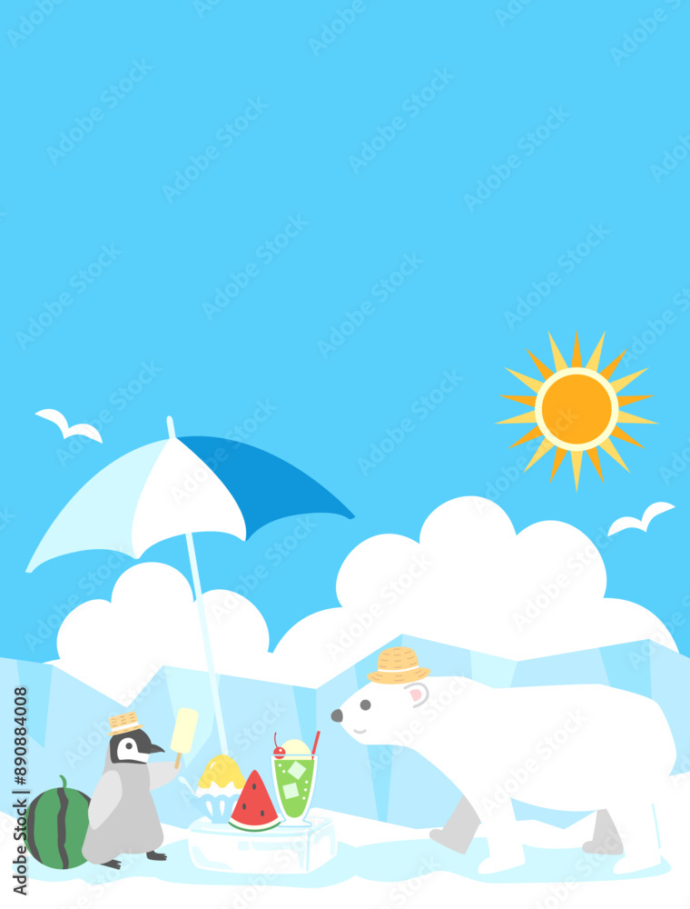 暑中お見舞いや夏イメージに使えるペンギンとシロクマの可愛いイラスト 縦型バージョン 暑中お見舞いや夏イメージに使えるペンギンとシロクマの可愛いイラスト 縦型バージョン