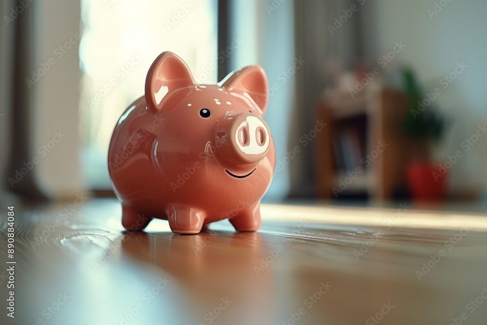 Piggy bank on the floor in new apartment. Mortgage, investment, rent, real estate, home loan and property concept, Generative AI Piggy bank on the floor in new apartment. Mortgage, investment, rent, real estate, home loan and property concept, Generative AI