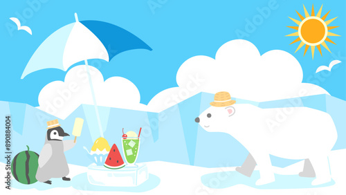 暑中お見舞いや夏イメージに使えるペンギンとシロクマの可愛いイラスト　アスペクト比16：9バージョン