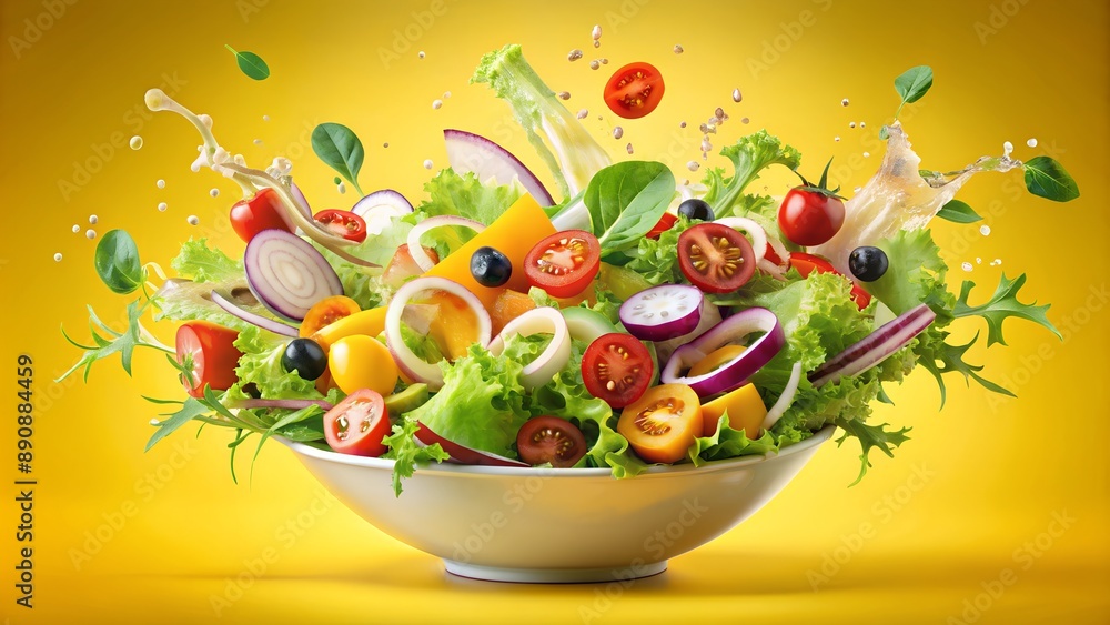 Fresh salad ingredients exploding from bowl on vibrant yellow background Fresh salad ingredients exploding from bowl on vibrant yellow background