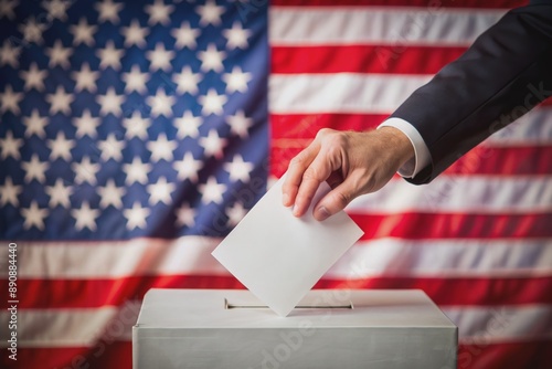 A close-up image of a hand proudly casting a ballot in the US presidential election, with shallow depth of field highlighting the voting process. photo