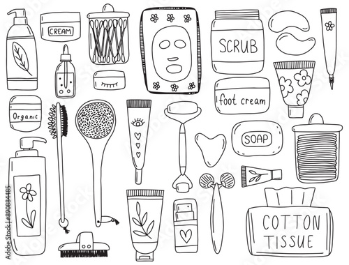 Hand drawn cosmetics elements set. Vector set of skin care products, cream tubes, cream jars, massage brush, cotton pads and face roller