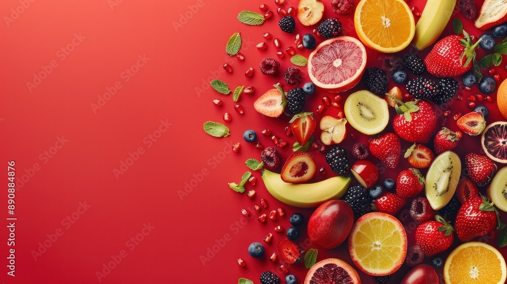 Fruit mix on red background --ar 16:9 Job ID: 13bdbff2-e770-403d-96e9-be0cb31edbf4 Fruit mix on red background --ar 16:9 Job ID: 13bdbff2-e770-403d-96e9-be0cb31edbf4