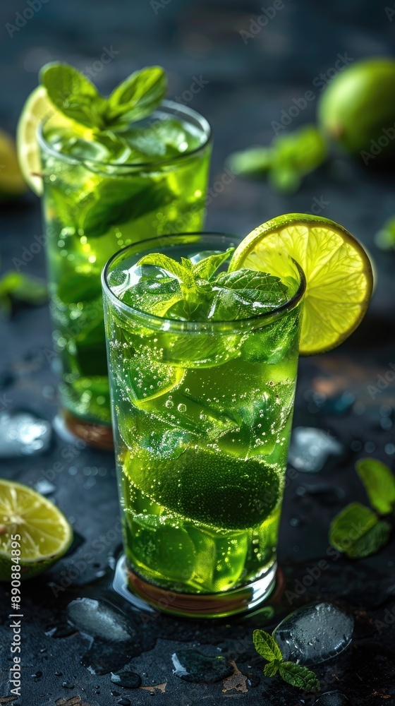 Homemade lemonade or mojito cocktail with lime, mint and ice cubes in a glass on a light stone table. Fresh summer drink Homemade lemonade or mojito cocktail with lime, mint and ice cubes in a glass on a light stone table. Fresh summer drink
