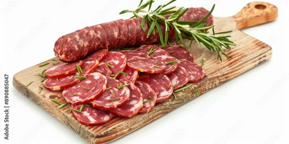 Freshly sliced salami served on a clean cutting board, ready for use in various dishes Freshly sliced salami served on a clean cutting board, ready for use in various dishes
