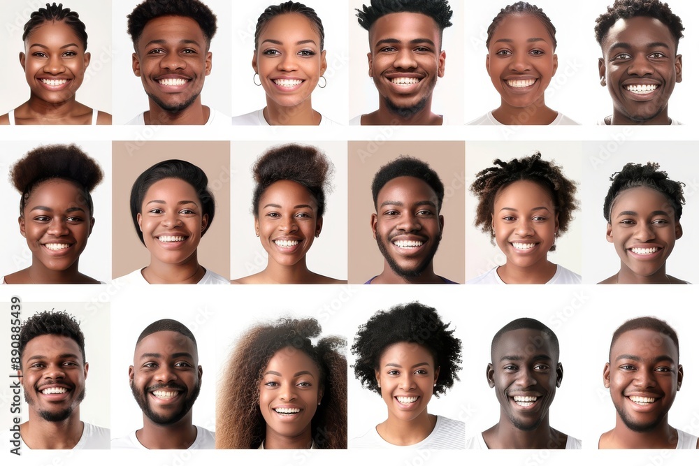 Collection of eighteen smiling faces of diverse people on a white background. Collection of eighteen smiling faces of diverse people on a white background.