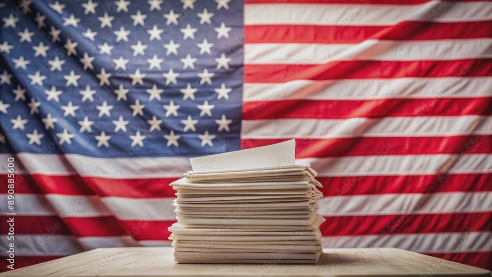 Patriotic scene featuring a stack of mail-in ballots awaiting dispatch, set against a backdrop of American flags, stars, and stripes, symbolizing democracy in action. Patriotic scene featuring a stack of mail-in ballots awaiting dispatch, set against a backdrop of American flags, stars, and stripes, symbolizing democracy in action.