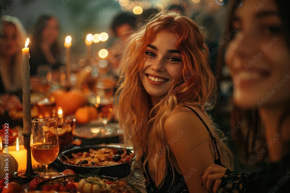 A woman smiles at the camera while sitting at a table with friends, surrounded by candles and autumn decor. A woman smiles at the camera while sitting at a table with friends, surrounded by candles and autumn decor.
