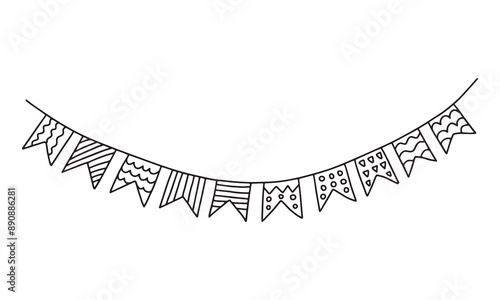 Hanging garland with flags vector doodle illustration