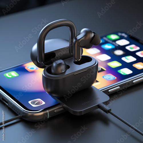 Stylish Wireless Earbuds Charging on a Smartphone, Modern and Convenient Audio Technology