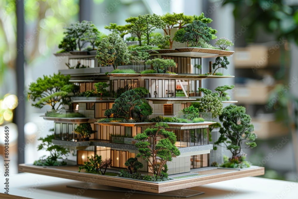 Fototapeta premium A model of a building with trees on top. Perfect for architectural designs and eco-friendly concepts, Generative AI