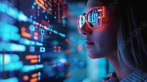 Software, a holographic coding image, and a woman using a tablet are contemplating digital technology, night overlay, and data analytics. Programmer or IT professional with glasses using a 3D display,