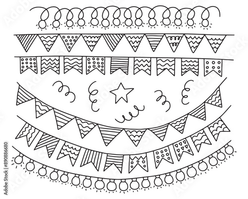 Different kinds of garland and flags vector hand drawn set. Hanging party lamps and garlands with flags doodle set