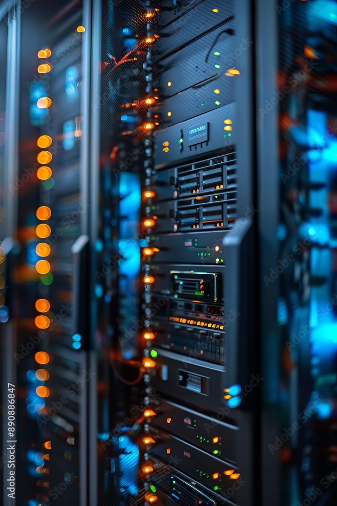 A row of servers in a server room. Perfect for technology and data center concepts, Generative AI A row of servers in a server room. Perfect for technology and data center concepts, Generative AI