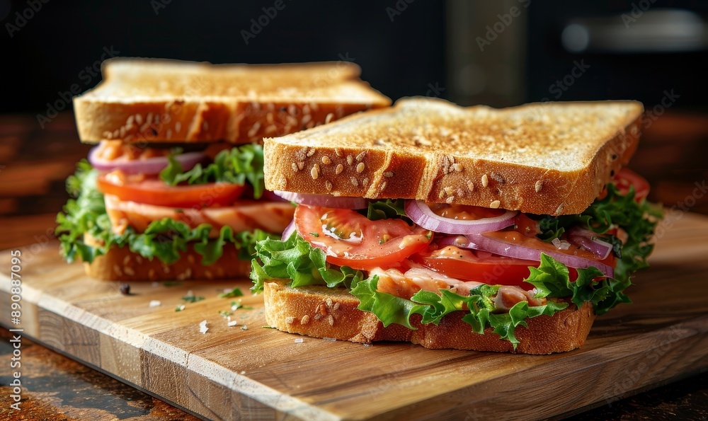 A couple of sandwiches sitting on top of a cutting board. Great for food blogs and recipe websites, Generative AI A couple of sandwiches sitting on top of a cutting board. Great for food blogs and recipe websites, Generative AI
