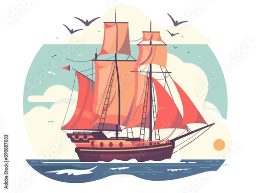 Sailing ship on the sea. Vector illustration in flat style.