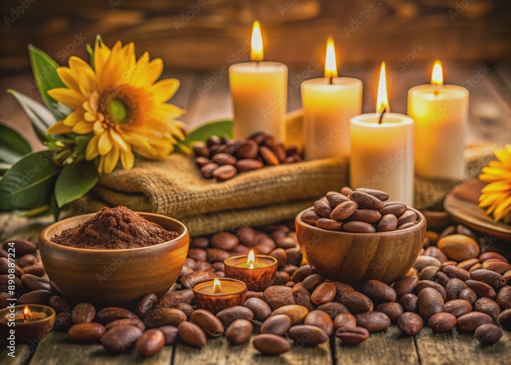Warm golden lighting illuminates a serene setting with cacao beans, candles, and flowers, evoking a sense of tranquility and connection to heart-centered healing energy. Warm golden lighting illuminates a serene setting with cacao beans, candles, and flowers, evoking a sense of tranquility and connection to heart-centered healing energy.