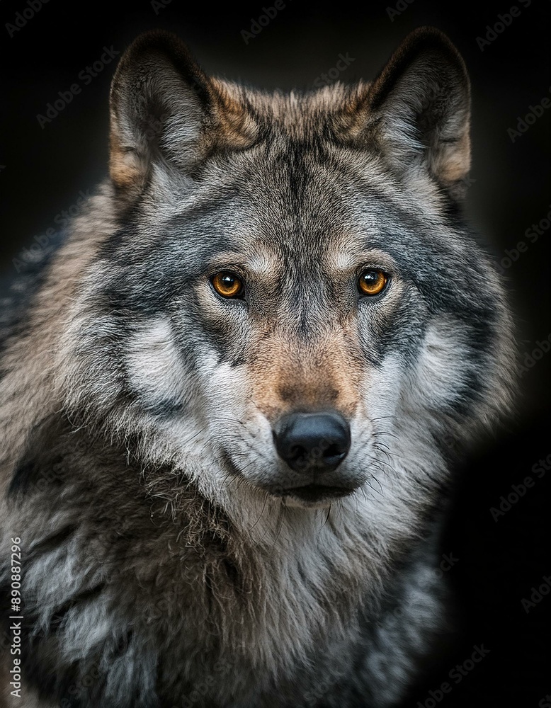 grey wolf portrait with bright yellow orange eyes looking into camera with black background grey wolf portrait with bright yellow orange eyes looking into camera with black background