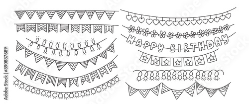 Doodle garlands with flags and lamps vector set