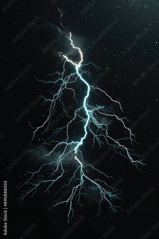 A powerful lightning strike illuminates the dark night sky A powerful lightning strike illuminates the dark night sky