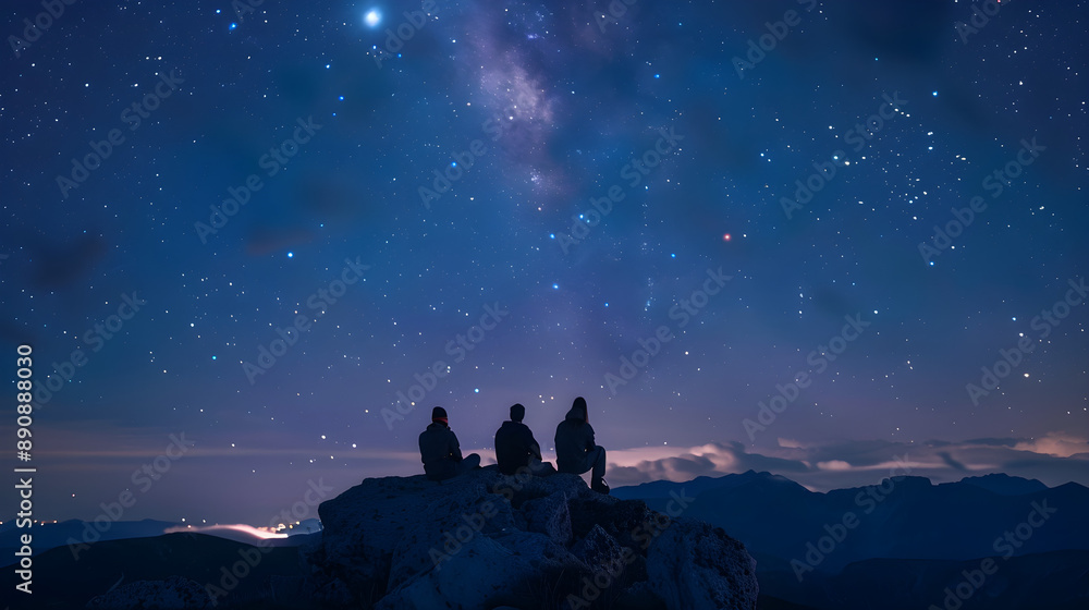 Fototapeta premium Three friends stargazing atop a mountain, immersed in the beauty of the night sky. Perfect for travel, adventure, or friendship themes.