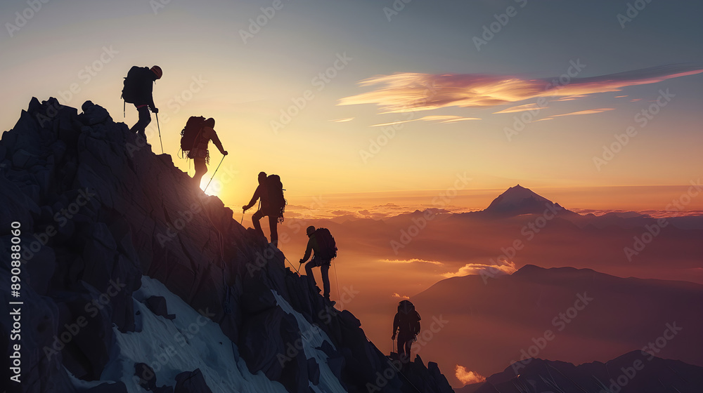 Fototapeta premium Silhouette of climbers reaching a mountain summit at sunset, showcasing teamwork, adventure, and determination. Perfect for travel and outdoor lifestyle themes.