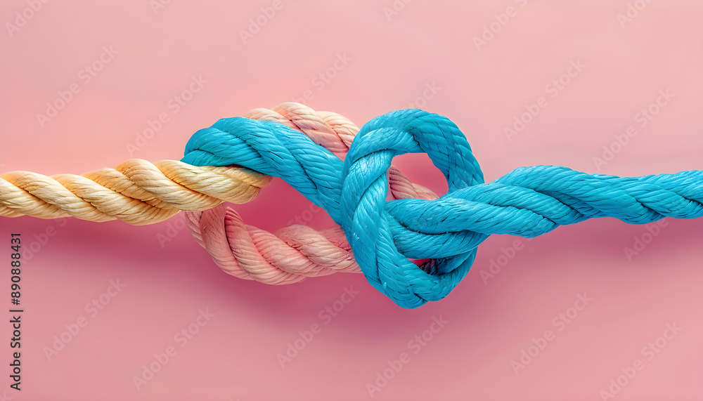 Colorful ropes intertwined against a pastel pink background symbolize connection, teamwork, and unity, perfect for concepts of friendship, collaboration, and relationships. Colorful ropes intertwined against a pastel pink background symbolize connection, teamwork, and unity, perfect for concepts of friendship, collaboration, and relationships.